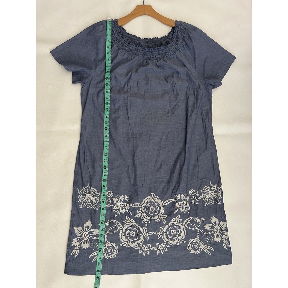 Talbots Blue Cotton Chambray Dress 16 XL Smocked Neck Floral Embroidered Hem - Picture 7 of 7